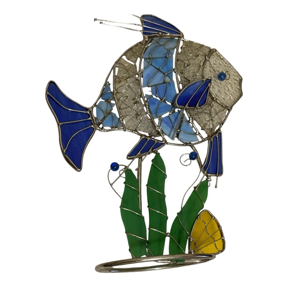 Stained Glass Mosaic Fish Figurine/Art on Metal Stand Multicolor
